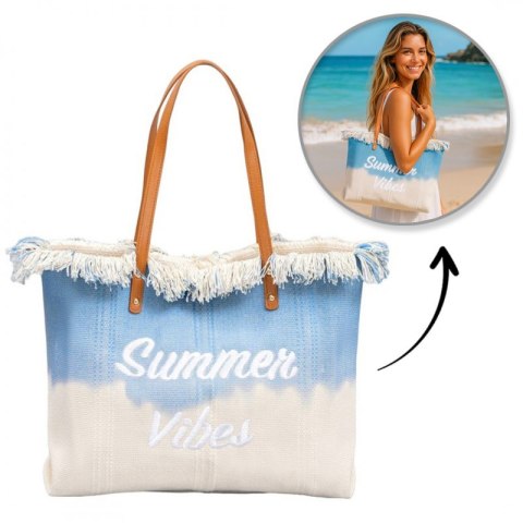 TORBA PLAŻOWA, Wakacyjna BOHO Z frędzlami niebieska ombre, na zakupy TP14N