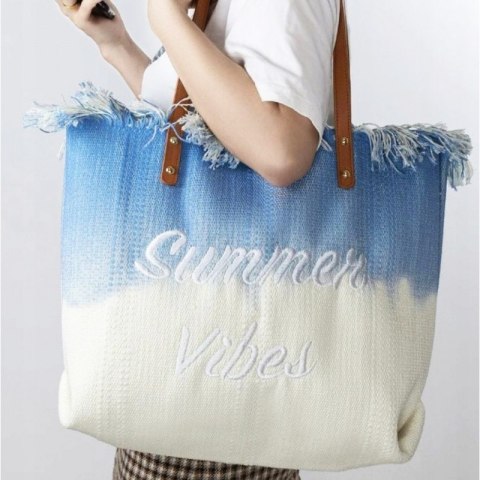 TORBA PLAŻOWA, Wakacyjna BOHO Z frędzlami niebieska ombre, na zakupy TP14N