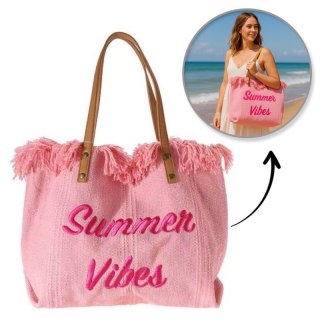 TORBA PLAŻOWA , na zakupy duża i pojemna z frędzlami BOHO, róż TP11R