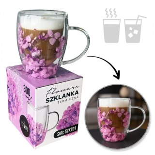Szklanka termiczna z kwiatami w środku, gipsówka hortensje fiolet, róż 300 ml 1szt SZK201