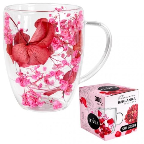 Dekoracyjna szklanka termiczna z różową gipsówką i podwójną ścianką