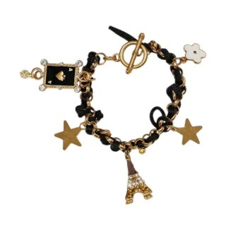 Bransoletka damska zawijana na czarnym rzemyku złota z zawieszkami i kryształkami B123CZ