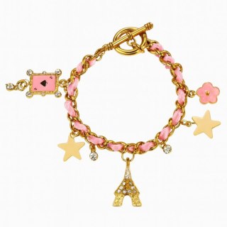 Bransoletka damska zawijana na różowym rzemyku złota z zawieszkami i kryształkami B123R