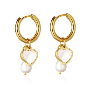 Kolczyki ze stali szlachetnej pozłacanej 14k złotem, SERCE, PERŁA KST3319