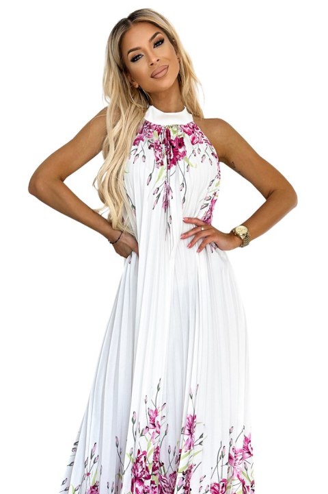 456-2 ESTER Plisowana satynowa sukienka maxi - BIAŁA W RÓŻOWE KWIATY - UNI