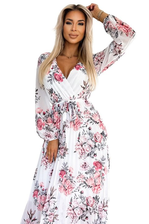 458-3 GEPPI Plisowana sukienka MIDI z dekoltem, długim rękawkiem i paskiem - biała w czerwone RÓŻE - UNI