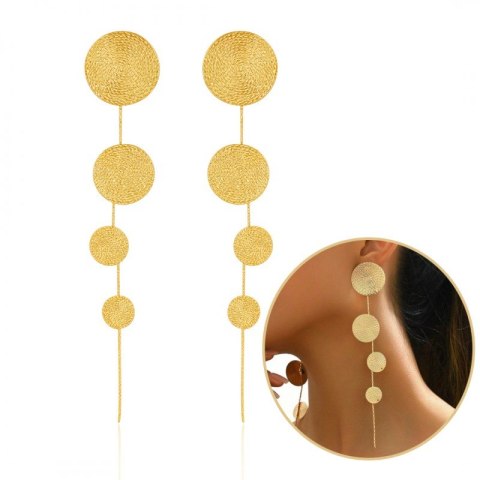 Kolczyki wiszące, efektowne złote kółka, blaszki, sztyft długość 15 cm K1713