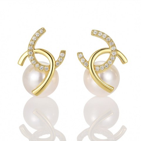 Kolczyki ze stali szlachetnej pozłacane 14k złotem, cyrkonie, perły KST3515