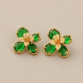 Kolczyki ze stali szlachetnej pozłacane 14k złotem, cyrkonie zielone kwiaty KST3472