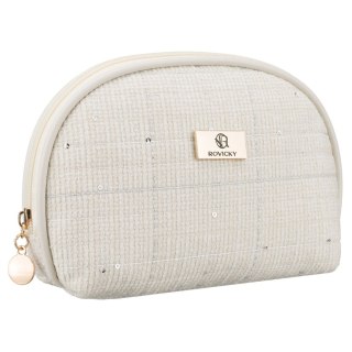 Beżowa kosmetyczka damska wykonana z materiału syntetycznego z ozdobnymi cekinami - Rovicky