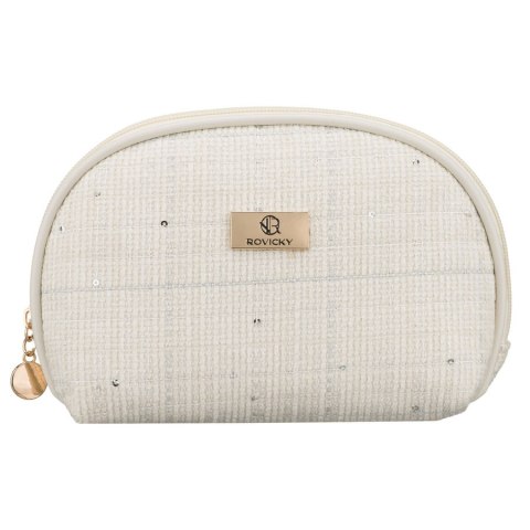 Beżowa kosmetyczka damska wykonana z materiału syntetycznego z ozdobnymi cekinami - Rovicky
