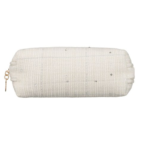 Beżowa kosmetyczka damska wykonana z materiału syntetycznego z ozdobnymi cekinami - Rovicky