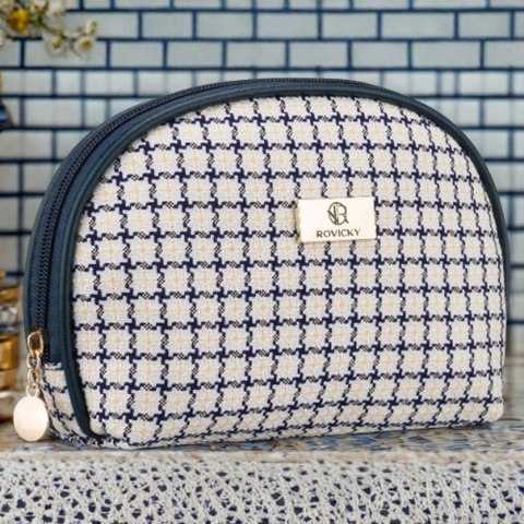Beżowo-granatowa kosmetyczka damska w kratę zamykana suwakiem - Rovicky