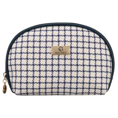 Beżowo-granatowa kosmetyczka damska w kratę zamykana suwakiem - Rovicky