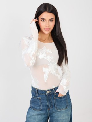 Biała dopasowana bluzka damska z siateczki ITALY MODA – haft kwiatowy, elegancka