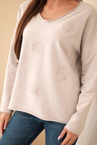 Beżowa bluzka damska bawełniana z haftowanymi kwiatami i dekoltem V