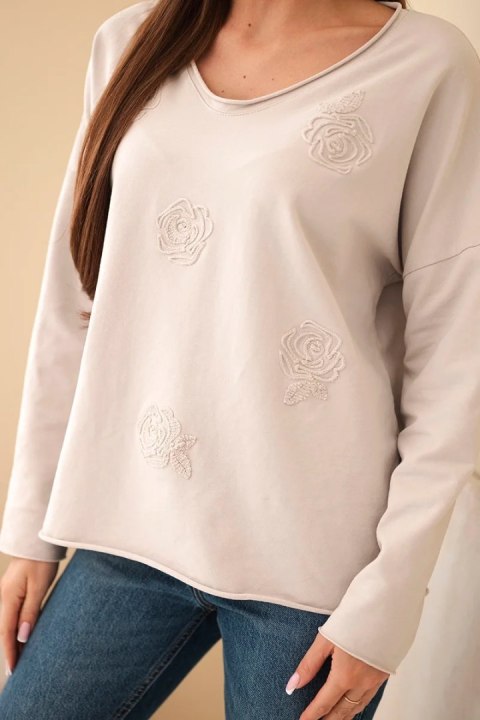 Bluzka damska beżowa z haftem kwiatowym