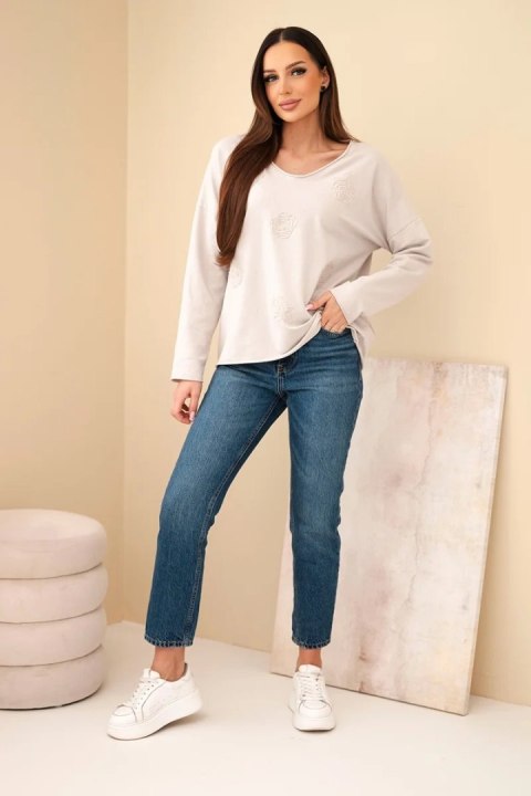 Bawełniana bluzka damska dekolt V długi rękaw beżowa