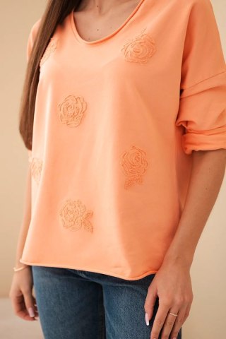 Morelowa bluzka damska bawełniana z haftowanymi kwiatami i dekoltem V