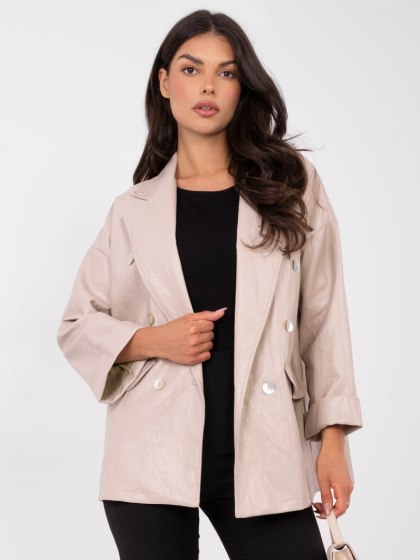Beżowa marynarka damska z ekoskóry RUE PARIS dwurzędowa casual one size