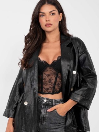 Czarna skórzana marynarka damska 3/4 RUE PARIS – dwurzędowa casual do pracy