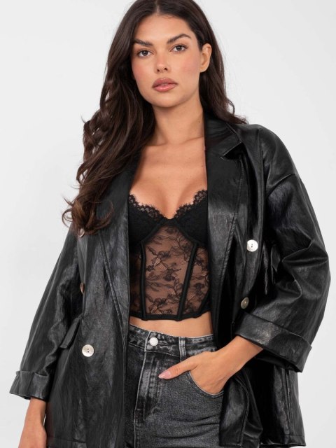 Damska czarna marynarka z eko skóry RUE PARIS w stylu casual