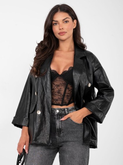 Czarna skórzana marynarka damska 3/4 RUE PARIS – dwurzędowa casual do pracy