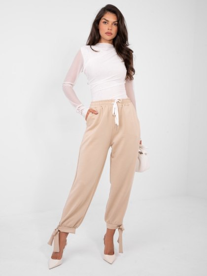 Beżowe Spodnie Dresowe Damskie z Wysokim Stanem Joggery ITALY MODA