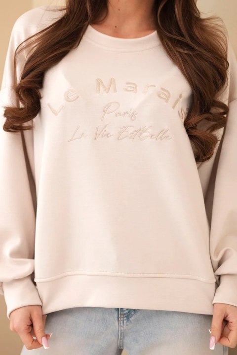 Beżowa Bluza Damska Masełkowa Oversize z Haftem Le Marais Paris