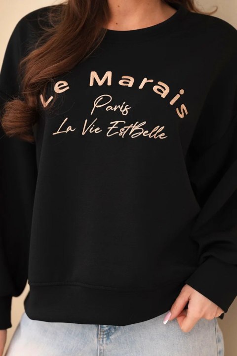 Czarna Bluza Damska Masełkowa Oversize z Haftem Le Marais Paris