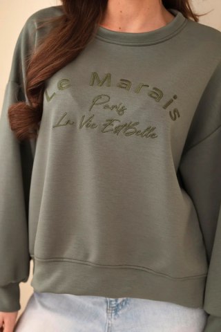 Khaki Bluza Damska Masełkowa Oversize z Haftem Le Marais Paris