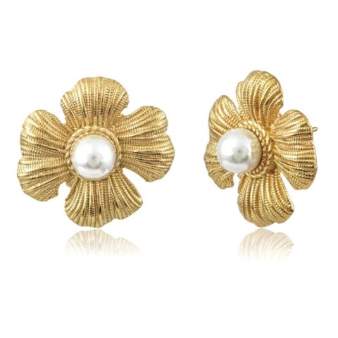 Kolczyki KWIATY ze stali szlachetnej platerowane 14k złotem, sztyft perły KST3323