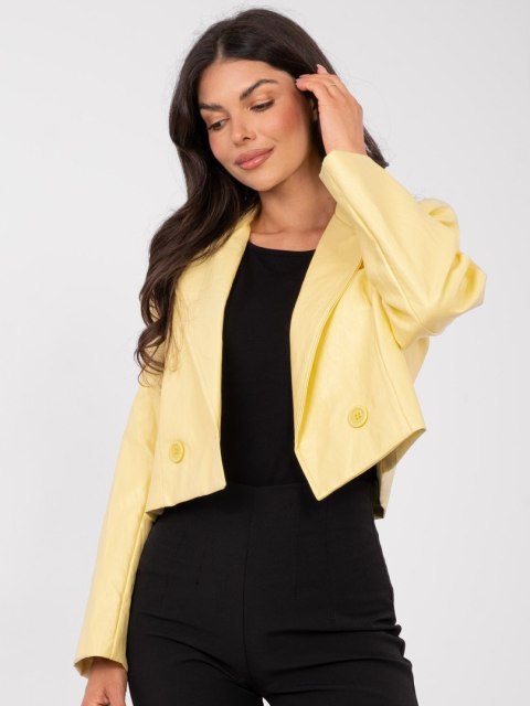 Jasnożółta skórzana marynarka damska RUE PARIS z podszewką