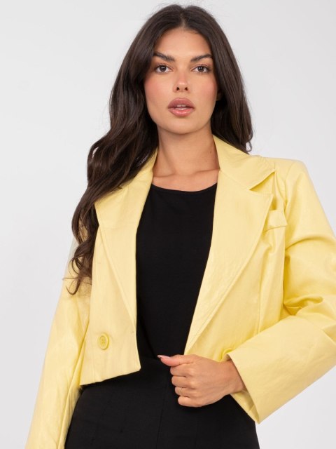 Jasnożółta marynarka skórzana RUE PARIS – detal guzików i materiału