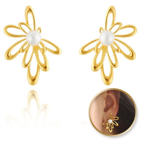 Kolczyki ze stali szlachetnej platerowane 14k złotem, perła KST3402