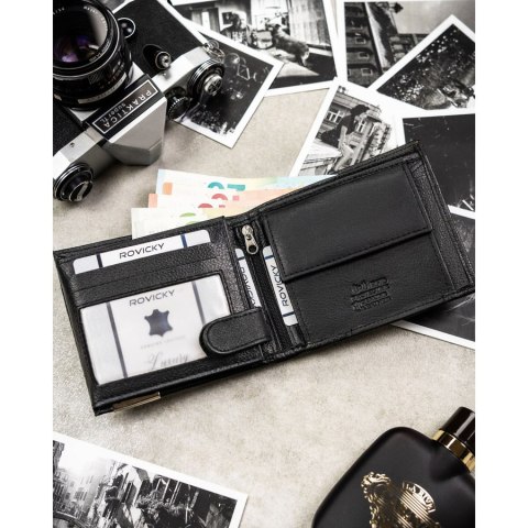 Duży portfel męski ze skóry naturalnej w czarnym kolorze z systemem RFID - 4U Cavaldi