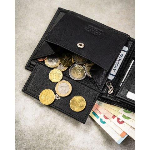 Duży portfel męski ze skóry naturalnej w czarnym kolorze z systemem RFID - 4U Cavaldi