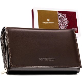 Skórzany, brązowy portfel damski zamykany na zatrzask - Peterson