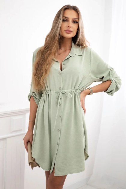 Sukienka damska ciemno miętowa z guzikami i wiązaniem w talii – Stylowy Wieszak