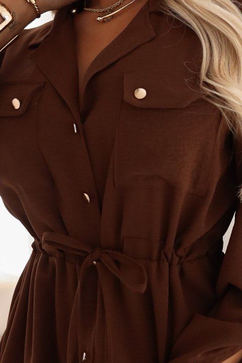 651-1 Szmizjerka koszulowa sukienka midi z guzikami i paskiem - czekoladowa - UNI