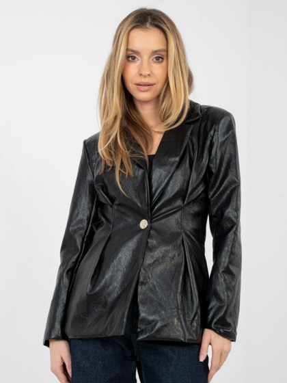 Czarna taliowana marynarka damska z ekoskóry RUE PARIS L/XL
