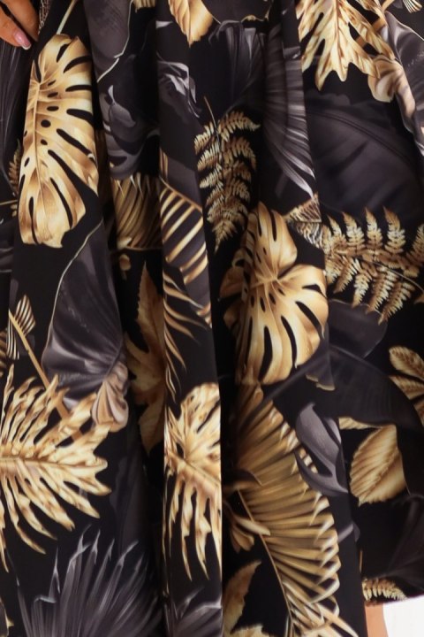 114-18 Czarna sukienka midi z elegancką górą i rozkloszowanym dołem - złote liście - L