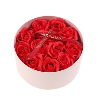 Bukiet zapachowych kwiatów mydlanych w ozdobnym pudełku, czerwone róże BUK26CZE