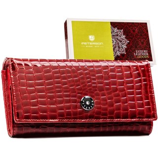 Czerwony, duży portfel damski ze skóry naturalnej z tłoczeniem na wzór skóry krokodyla - Peterson