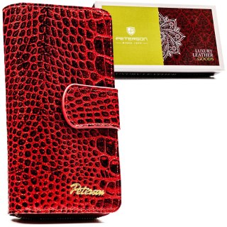 Czerwony portfel damski ze skóry naturalnej zamykany na suwak i zatrzask, wyposażony w system RFID - Peterson