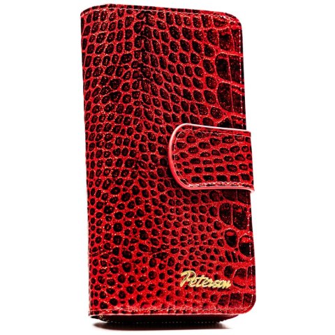 Czerwony portfel damski ze skóry naturalnej zamykany na suwak i zatrzask, wyposażony w system RFID - Peterson