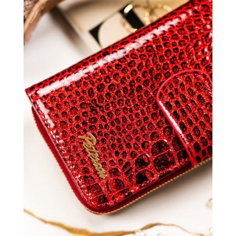 Czerwony portfel damski ze skóry naturalnej zamykany na suwak i zatrzask, wyposażony w system RFID - Peterson