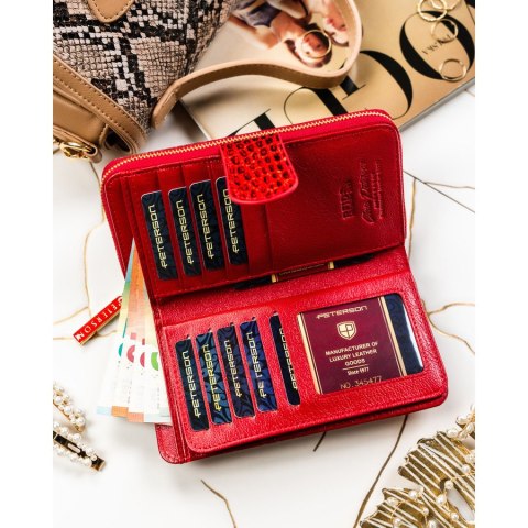 Czerwony portfel damski ze skóry naturalnej zamykany na suwak i zatrzask, wyposażony w system RFID - Peterson