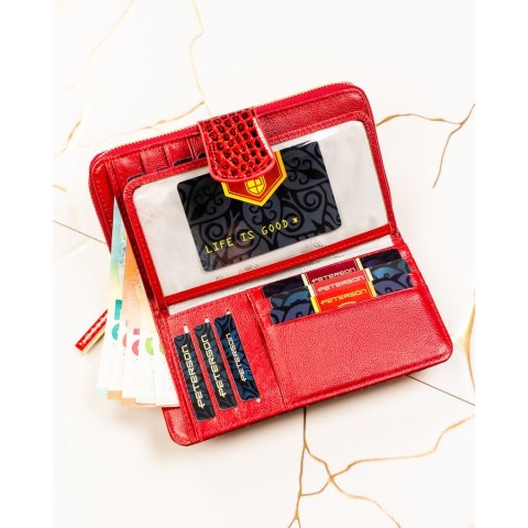 Czerwony portfel damski ze skóry naturalnej zamykany na suwak i zatrzask, wyposażony w system RFID - Peterson