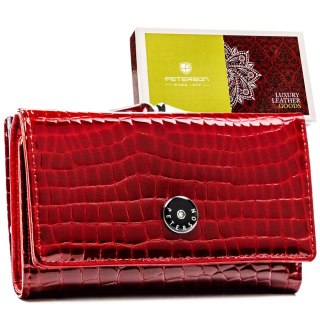 Czerwony portfel damski ze skóry naturalnej zamykany na zatrzask i bigiel - Peterson